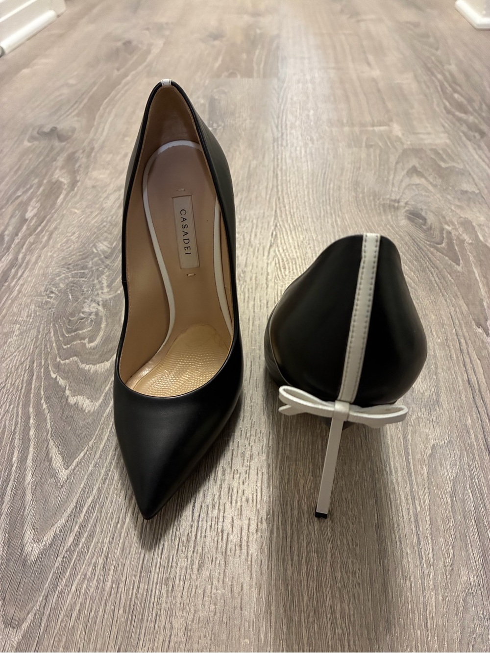 CASADEI Black Leather Blade Heels White Bow Stiletto Pumps Italy Size 38
